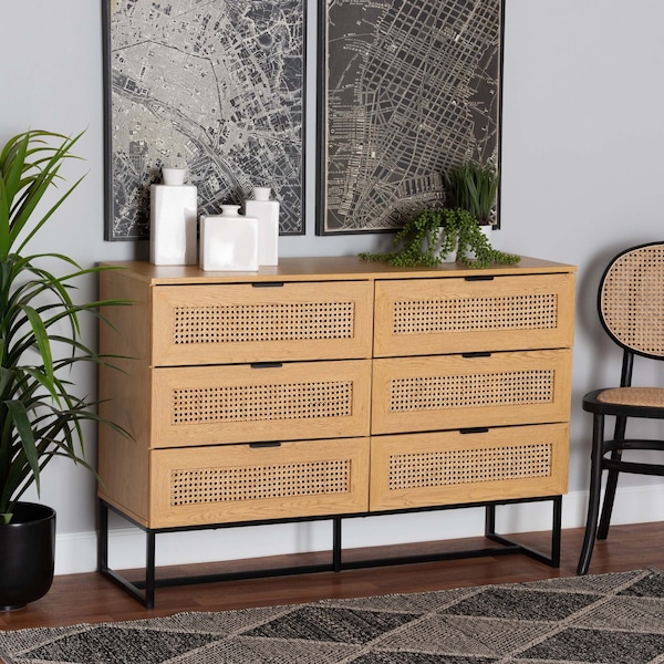 Baxton Studio Sawyer MidCentury Oak Brown Finished Wood and Black Metal Storage Cabinet with Natural Rattan 223-12921-ZORO - main